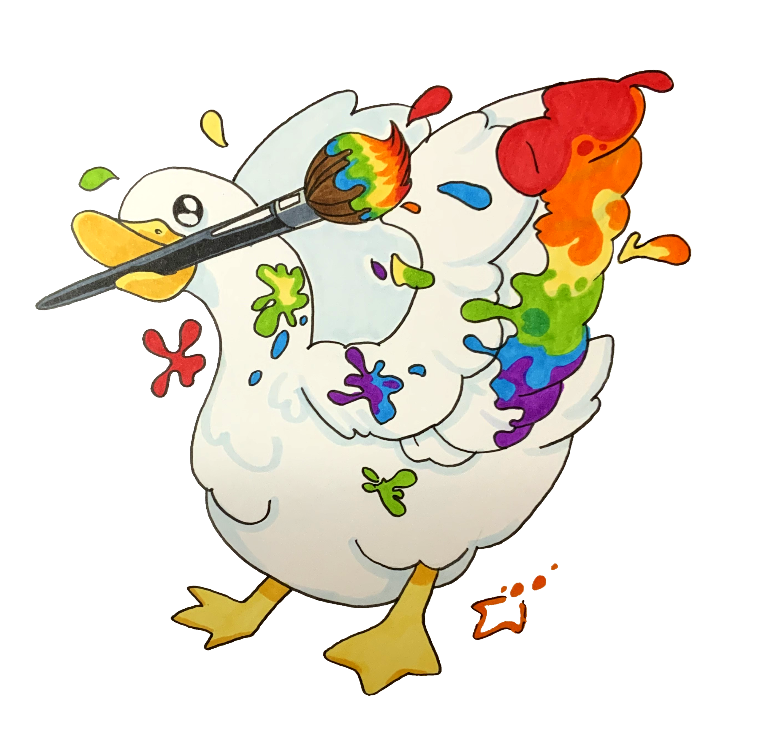 A drawing done in color of  a duck holding a paintbrush in it's mouth. It's covered in  rainbow paint.